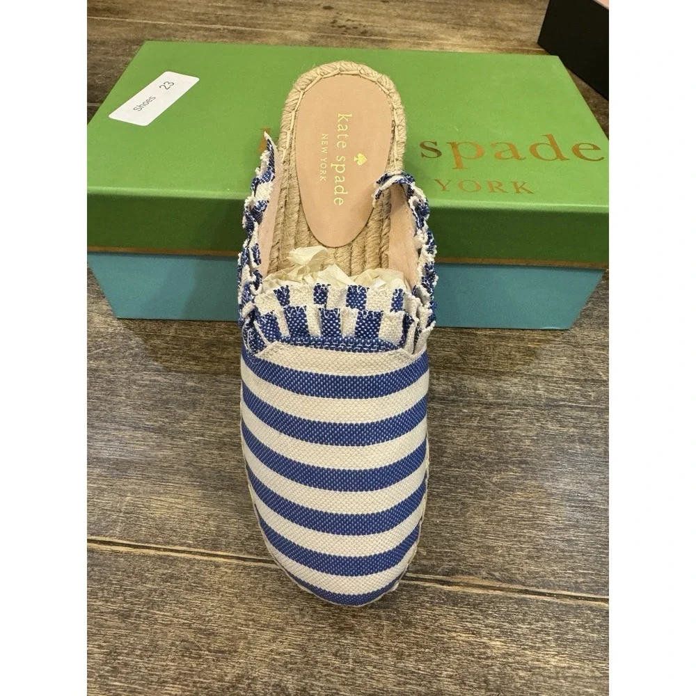 Kate Spade Size 10 Blue Cream Striped Canvas Laila Espadrilles Mules‎